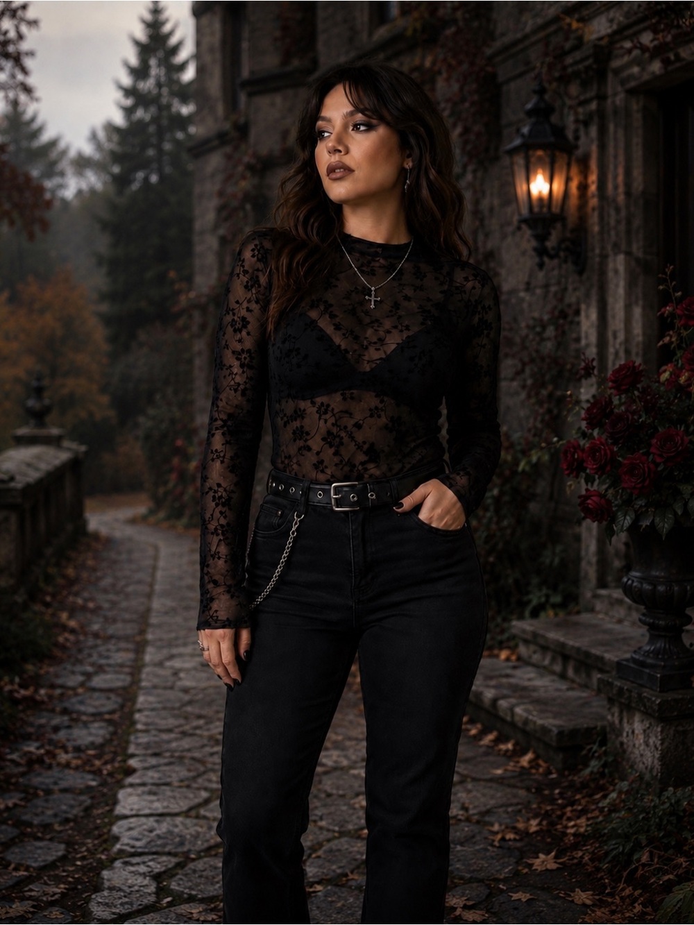 Sheer Black Lace Long Sleeve Top